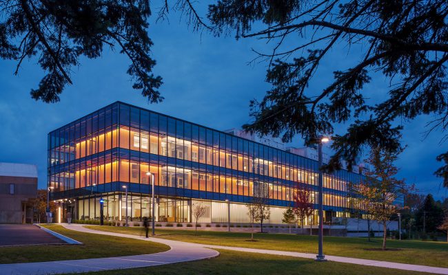 Night view of Mosaic Associates College Science Center design for Hudson valley Community College in Troy, New York.