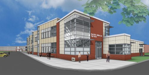 Artist rendering of BH-BL STEAM addition, southwest corner view of Mosaic Associates' school design for BH-BL CSD