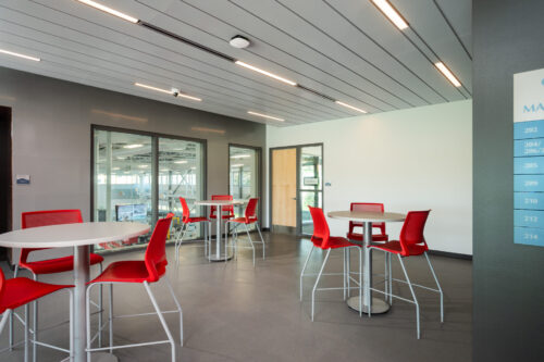 Mosaic Associate Architect's 2nd floor common area seating at the Gene F. Haas Center for Advanced Manufacturing Skills at Hudson Valley Community College