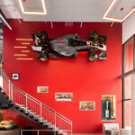 Haas Forumula 1 Race car hangs in lobby.