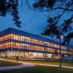 Night view of Mosaic Associates College Science Center design for Hudson valley Community College in Troy, New York.