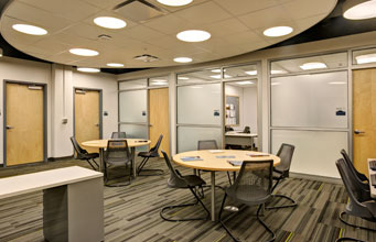 Educational conference and work space in a collegiate building designed by Mosaic Associates Architects